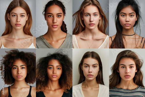 A group of women with different skin tones and features are smiling for the camera. Concept of diversity and inclusivity, celebrating the beauty of all skin tones and features