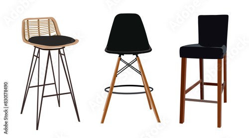 Set of different bar stools colorful vector illustrations isolated on transparent background. Interior design furniture elements, icons.