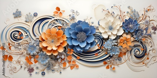 Japanese Ukiyoe Design Inspired by Hokusai: Waves and Traditional Elements in Orange and Blue. Concept Japanese Ukiyoe, Hokusai, Waves, Traditional Elements, Orange and Blue photo