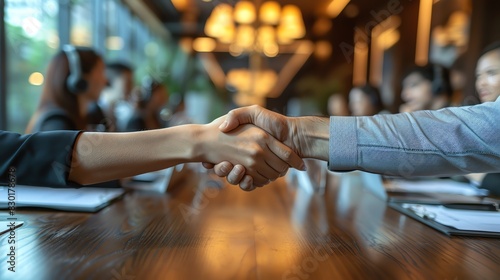 A handshake between two professionals during a meeting in a modern office setting, symbolizing agreement, collaboration, and partnership. photo