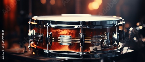 A detailed closeup of a snare drum in a dimly lit room, vibrant light reflections, rich textures, musical equipment focus 8K , high-resolution, ultra HD,up32K HD photo