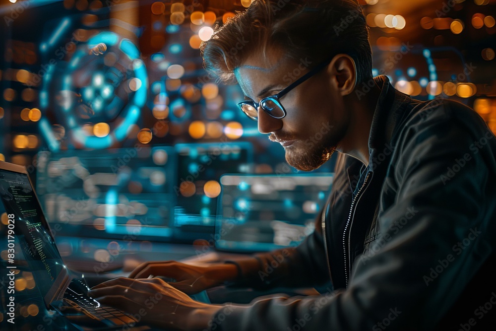 A man typing on laptop in dark A man typing on laptop in dark