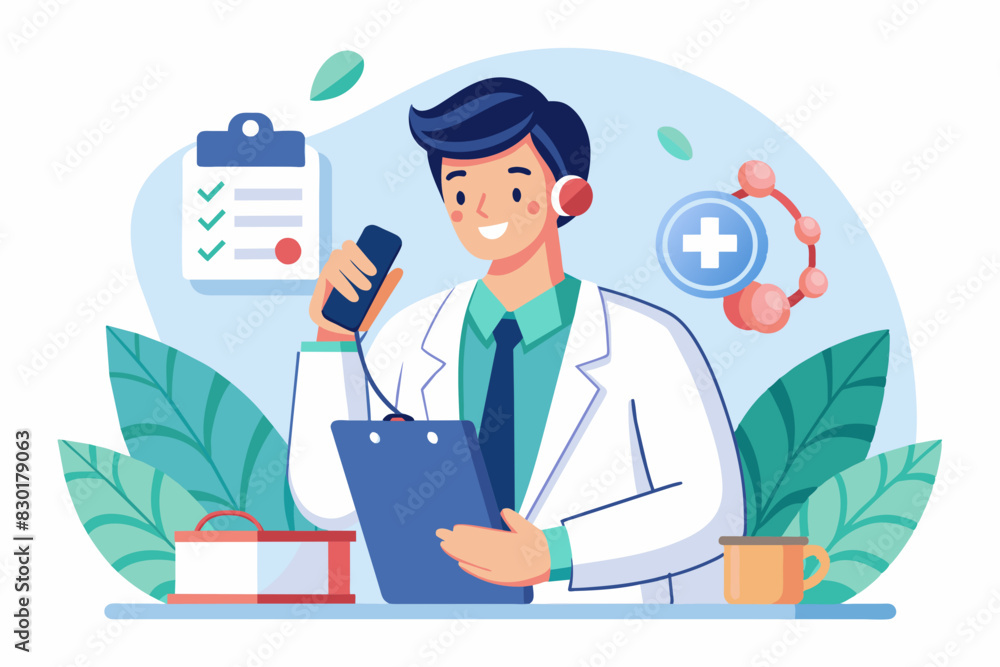 Professional male doctor calling to patient, giving treatment prescription and advice.  providing modern healthcare service,flat illustraion