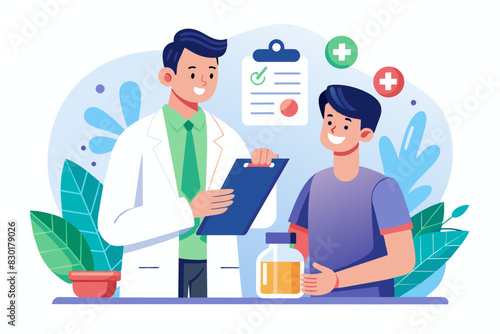 Professional male doctor calling to patient, giving treatment prescription and advice. providing modern healthcare service,flat illustraion
