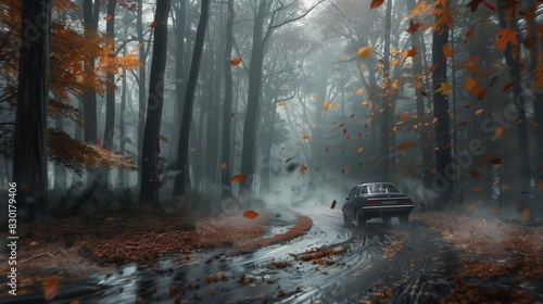 A hyper-realistic drive through a foggy autumn forest reveals swirling leaves as the car maneuvers expertly. photo