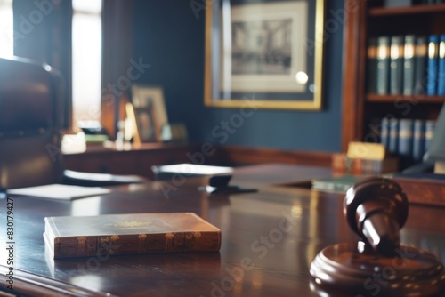 Gavel on a Judge’s Bench: Positioned prominently on a judge's bench in a courtroom. 