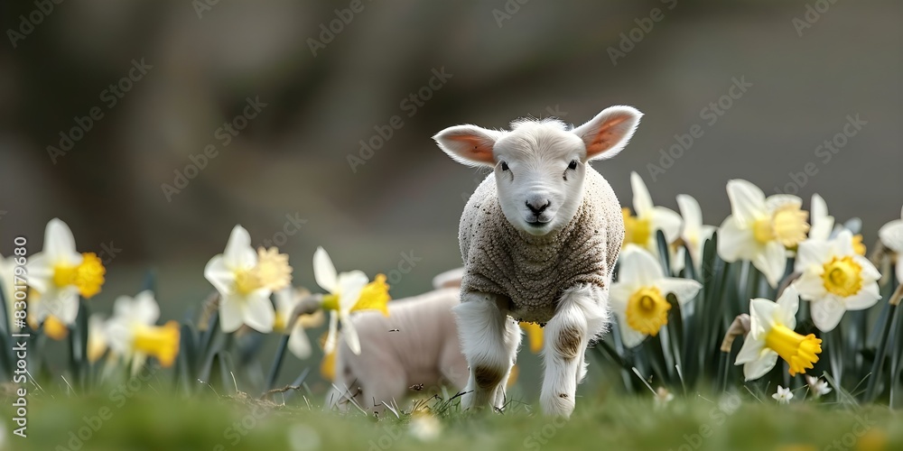 Joyful Lamb Playing in a Meadow of Daffodils. Concept Nature Photography, Spring Time, Animal Portraits, Outdoor Fun Joyful Lamb Playing in a Meadow of Daffodils. Concept Nature Photography, Spring Time, Animal Portraits, Outdoor Fun