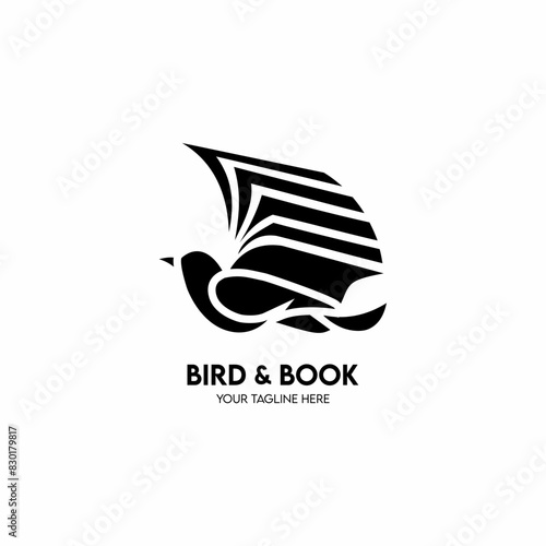 Logo illustration of a flying bird and an open book. Symbolises unlimited higher education and the freedom to achieve it. Black and white colour vector. Company logo, printing, book cover, publishing 