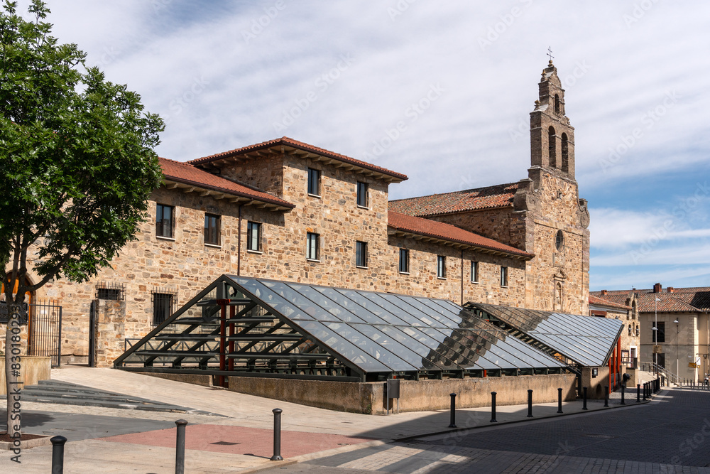 Perpetuo Socorro church and Domus of the mosaic of Bear and Birds roman ruins in the old town of the city of Astorga in the Way of Santiago in the north of Spain. Leon province. Perpetuo Socorro church and Domus of the mosaic of Bear and Birds roman ruins in the old town of the city of Astorga in the Way of Santiago in the north of Spain. Leon province.