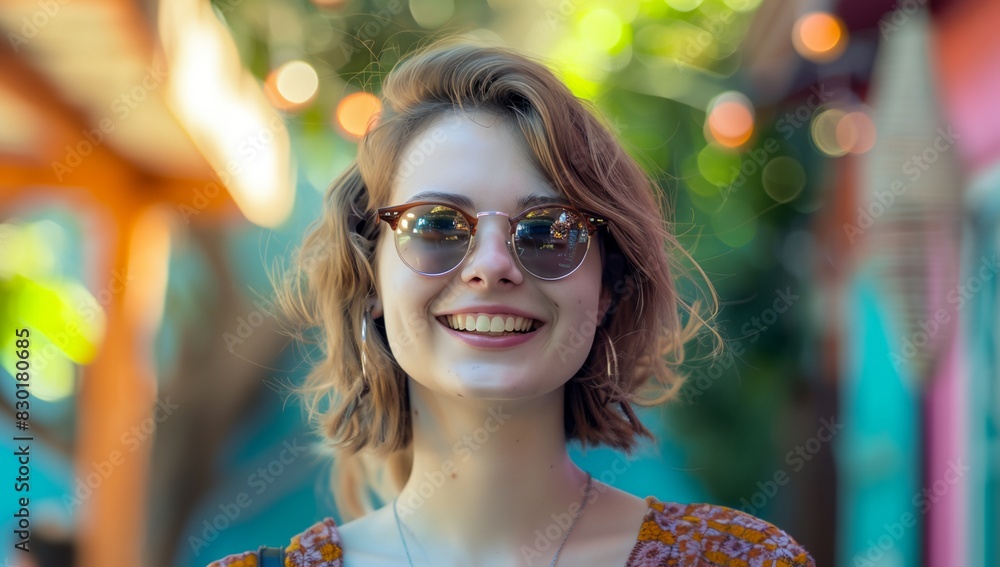 a woman wearing sunglasses and smiling for the camera a woman wearing sunglasses and smiling for the camera