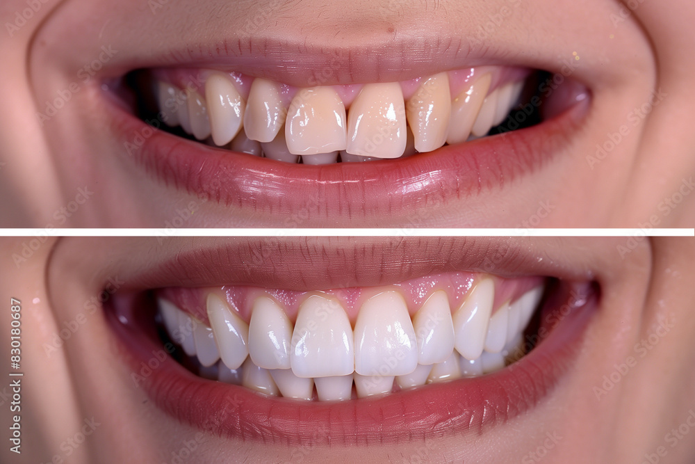 Obraz premium Two different sets of teeth, one with a white filling and the other with a white crown