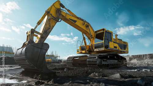 Wallpaper Mural A large excavator dominates the construction site, A powerful excavator digs the ground Torontodigital.ca