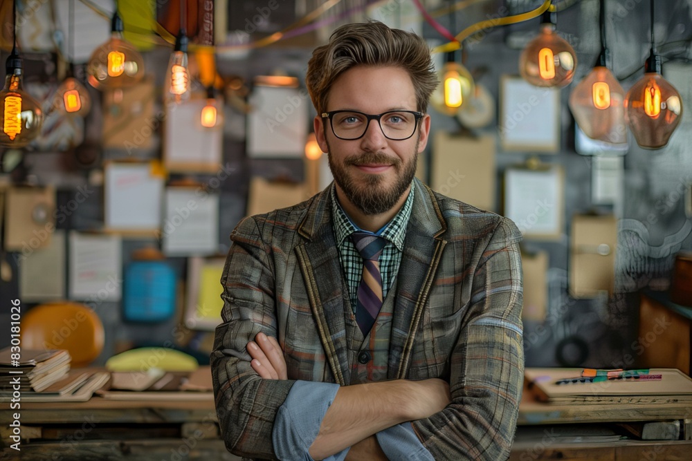 Obraz premium Man with glasses and plaid jacket in workshop