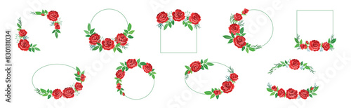 Rose Frame with Red Lush Bud and Green Leaves Arranged in Shape with Border Vector Set