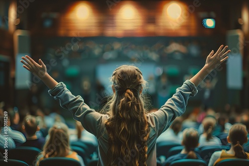 Woman with arms raised in theater photo