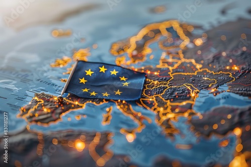 European flag on map with lights