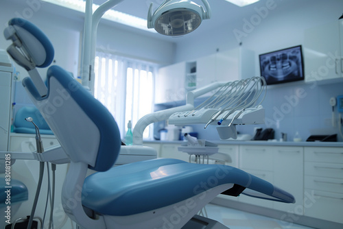 A dental office with a blue chair and a white counter