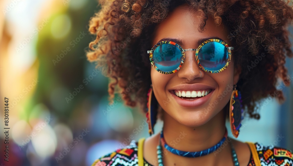 a woman with a afro wearing sunglasses and smiling a woman with a afro wearing sunglasses and smiling