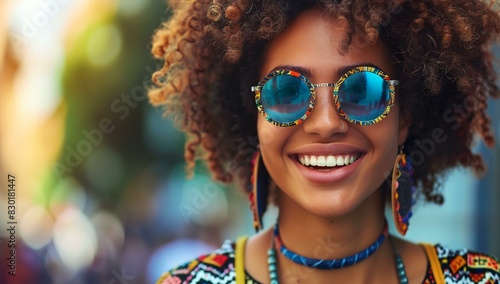 a woman with a afro wearing sunglasses and smiling