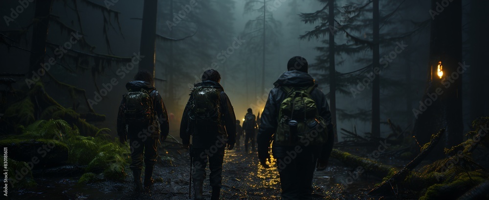 a group of people walking through a forest at night a group of people walking through a forest at night