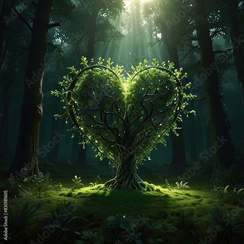 New Love heart 3d illustration and valentine  tree love background Love and wedding concept