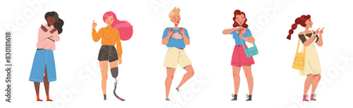 Man and Woman Character Showing Hand Gesture Expressing Emotion with Body Language Vector Illustration Set