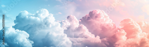 Crisp, colorful clouds against the pastel sky create an enchanting background for your design projects. Perfect as an ethereal banner or cover, this image captures the beauty of fluffy white and pinki