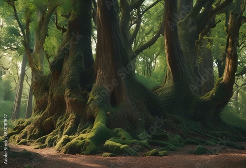 AI generated illustration of a large old oak tree and other lush forest trees covered in moss