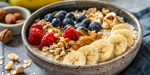 Nut Butter Banana Oat Bowl Delight Oatmeal with bananas blueberries and chia seed concept side view close up Healthy breakfast concept with oat flakes Food made of granola and fresh .