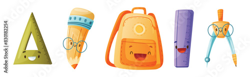 Funny School Items with Smiling Faces as Cartoon Education Supply Vector Set