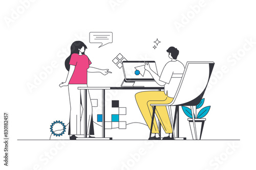 Best feedback outline web concept in modern flat line design. Clients leaving comments with satisfaction review and quality evaluation, giving positive rating in online survey. Vector illustration