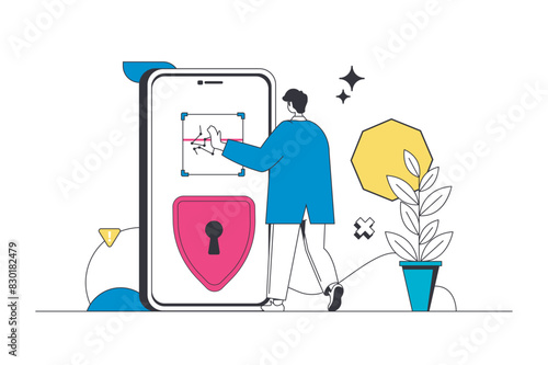 Biometric control outline web concept in modern flat line design. Man unlocking mobile phone with password access and face recognition system, touch screen for fingerprint id. Vector illustration photo