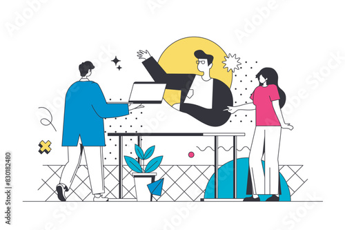 Business training outline web concept in modern flat line design. Colleagues learning at meeting with coach, learning at online professional seminar, brainstorming at workshop. Vector illustration