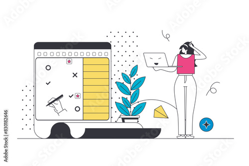 Planning schedule outline web concept in modern flat line design. Woman creating work agenda and daily tasks at laptop, managing dates and meetings at calendar with notifications. Vector illustration