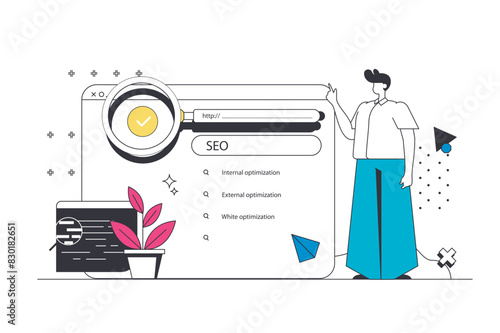 SEO optimization outline web concept in modern flat line design. Man analyst working with website data, analizing search queries and selects keywords, making traffic optimization. Vector illustration
