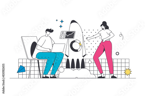 Outsourcing company outline web concept in modern flat line design. Man and woman working from home office remotely, doing tasks online and collaborating with freelance team. Vector illustration