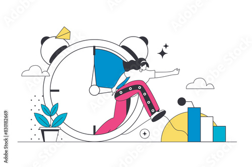 Time management outline web concept in modern flat line design. Woman making workflow optimization with deadline clocks, schedule organisation and efficiency work productivity. Vector illustration