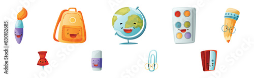 Funny School Items with Smiling Faces as Cartoon Education Supply Vector Set