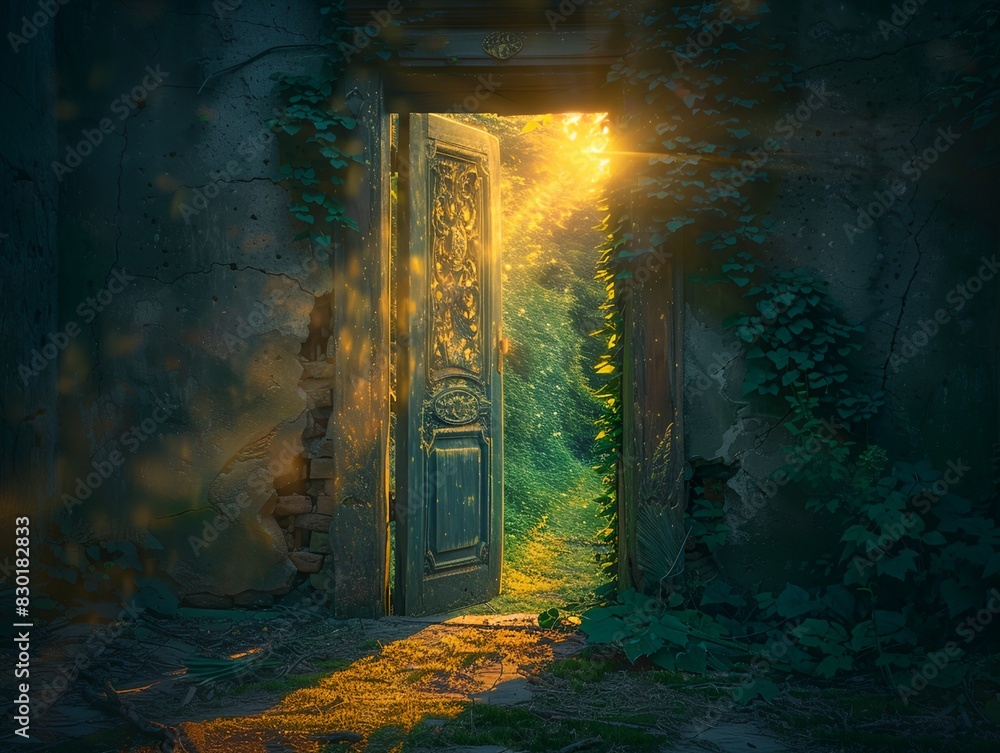 doorway with a light coming through it in a dark room with ivy growing on the walls doorway with a light coming through it in a dark room with ivy growing on the walls