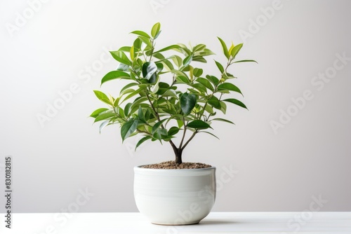 A photo of a bonsai tree in a white pot on a white table against a white background.