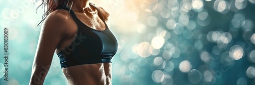 a woman in a sports bra top posing on background of lights photo