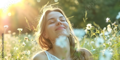 girl is smiling in a field of flowers with her eyes closed photo