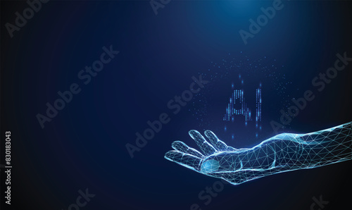 Abstract giving hand with AI word. Artificial intelligence and machine learning concept. Low poly style. Geometric background. Wireframe light connection structure. Modern 3d graphic concept. Vector
