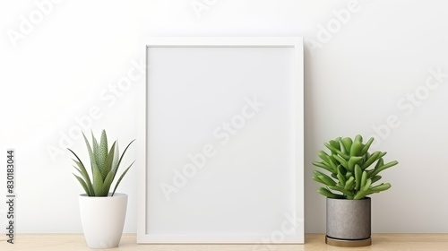 Empty square frame mockup in modern minimalist interior with plant on white wall background.