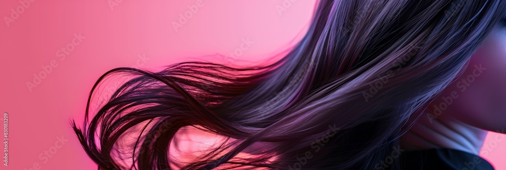 a woman with long hair is shown in a pink background a woman with long hair is shown in a pink background