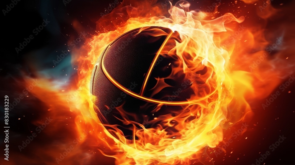 Basketball ball on fire on a dark background.