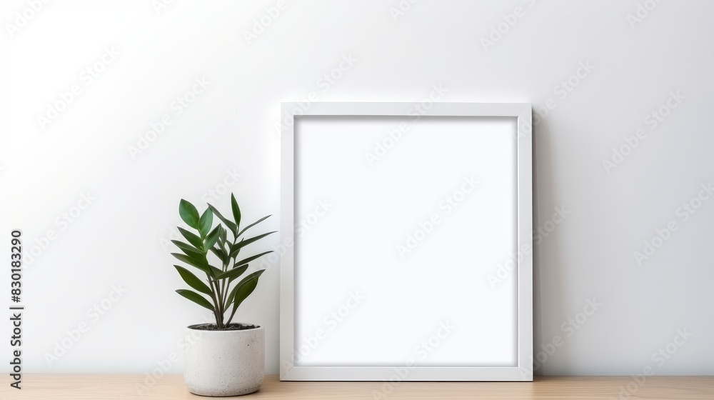 Empty square frame mockup in modern minimalist interior with plant on white wall background. Empty square frame mockup in modern minimalist interior with plant on white wall background.
