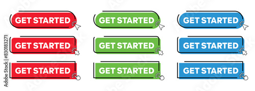 Get Started Button with Click cursor. Modern Simple web action button with click cursor or arrow pointer vector illustration set