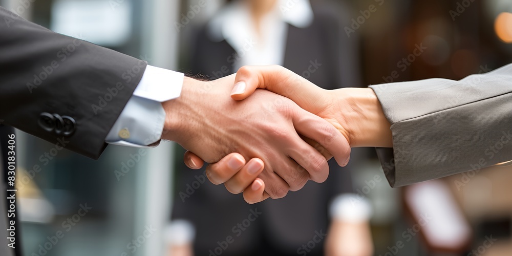 two people shaking hands in front of a building with a woman in a suit in the background two people shaking hands in front of a building with a woman in a suit in the background