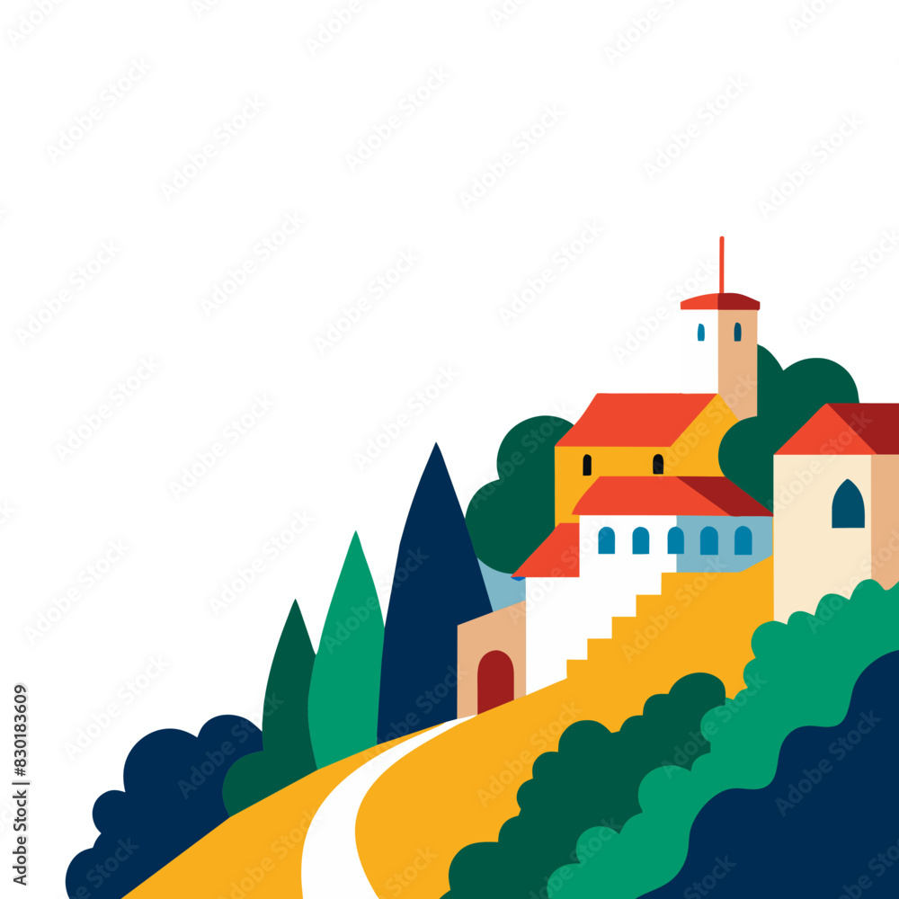  colorful illustration of a French village landscape with buildings and trees
